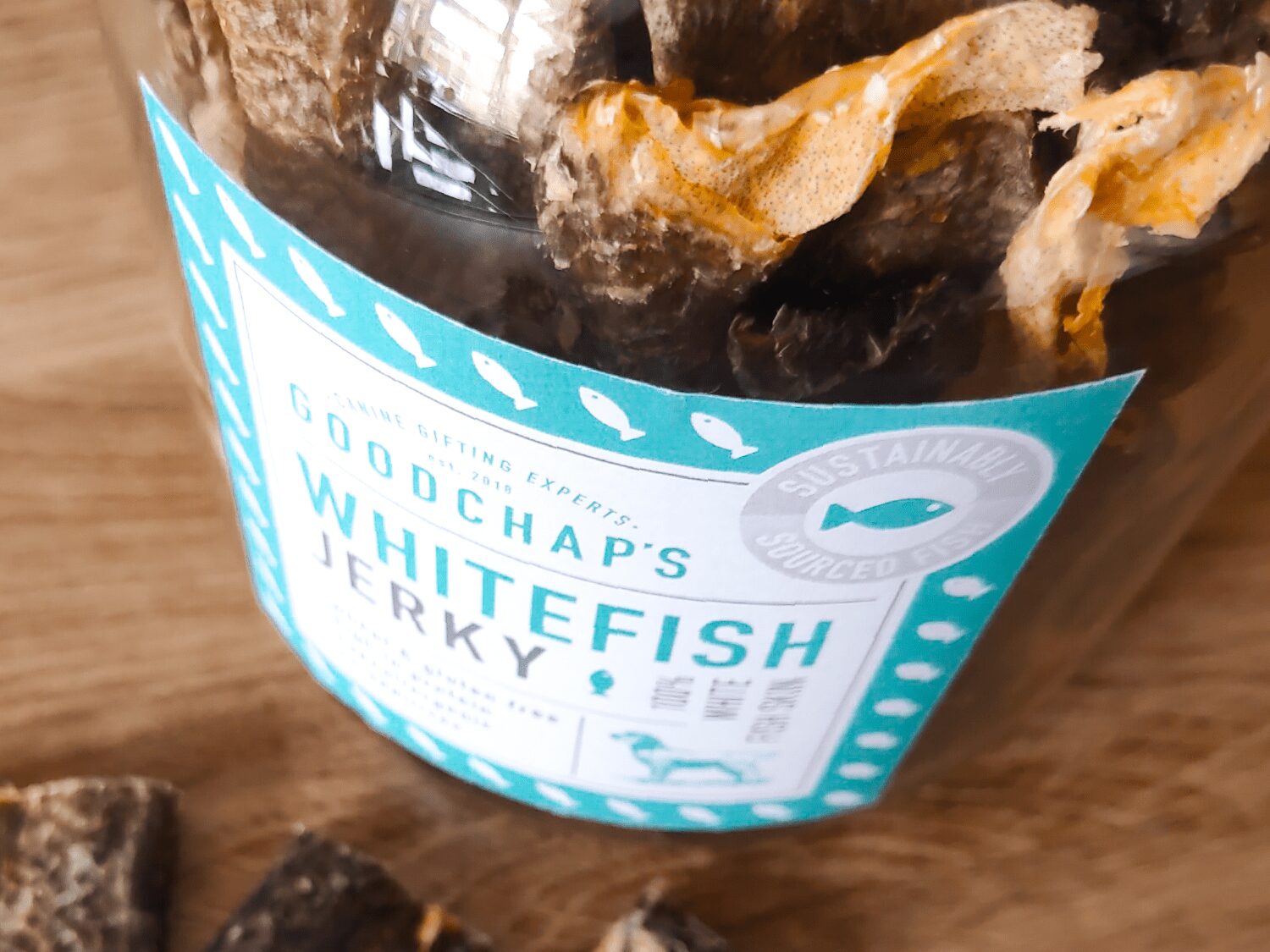 Refillable Whitefish Jerky Jar - Goodchaps natural, healthy, plastic free and eco friendly dog treats & toys