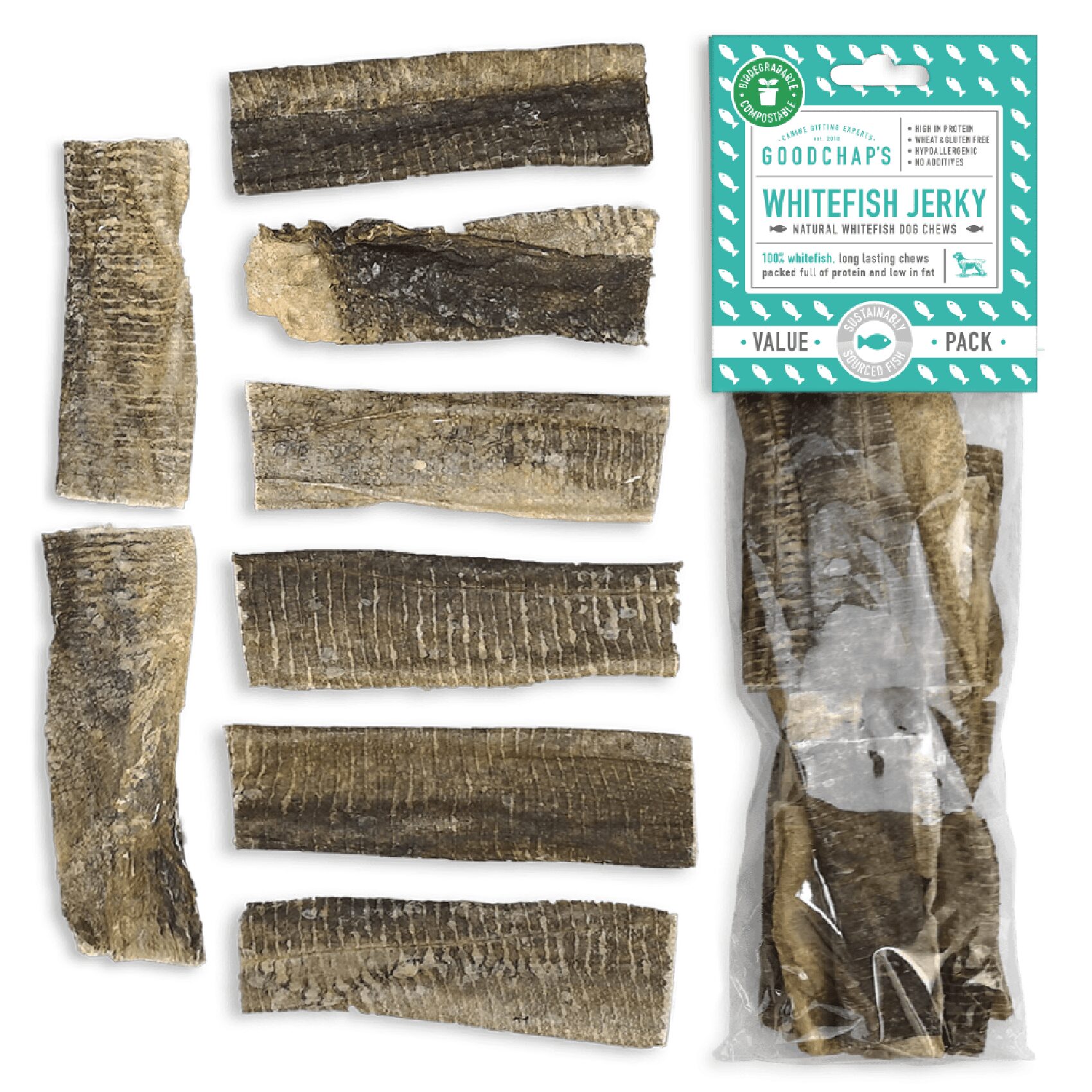 Whitefish Jerky Value Pack, long lasting chews - Goodchaps natural, healthy, plastic free and eco friendly dog treats & toys